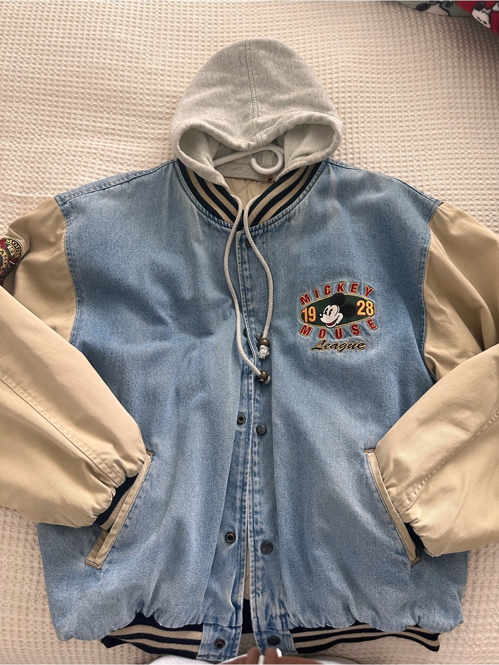 Vintage Mickey Mouse Light Blue Denim & Cream Varsity Jacket